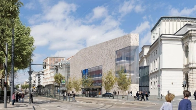 So könnte sich die neue Spielstätte des Staatstheaters Augsburg neben das Große Haus fügen. (Grafik: Atelier Achatz Partner Architekten mbB / HH Vision)